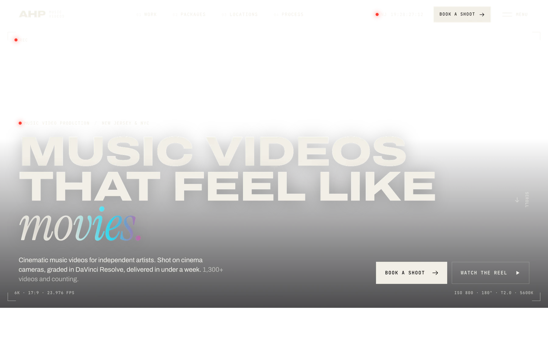 The AHP Music Videos homepage: its header reel playing under the site’s navigation and the title Music videos that feel like movies.