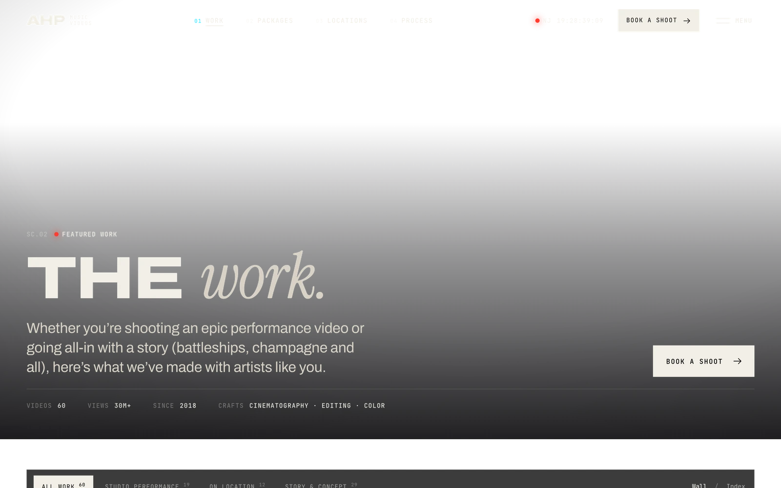 The AHP Work page header: its own reel playing under the title The work.